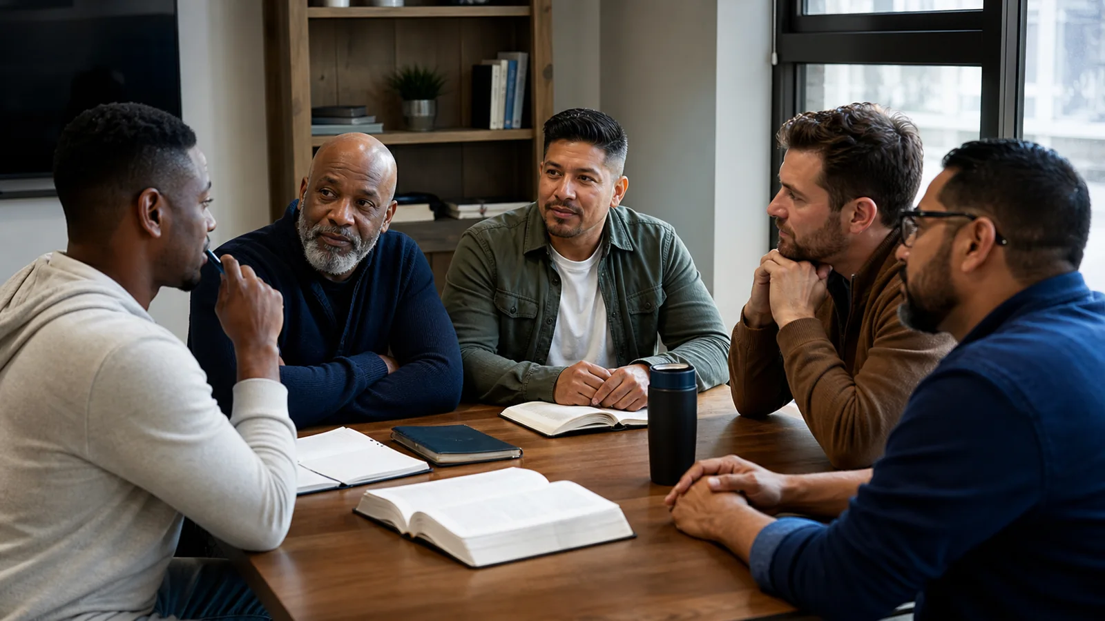 Black, Hispanic and white men in a supportive Bible discussion group