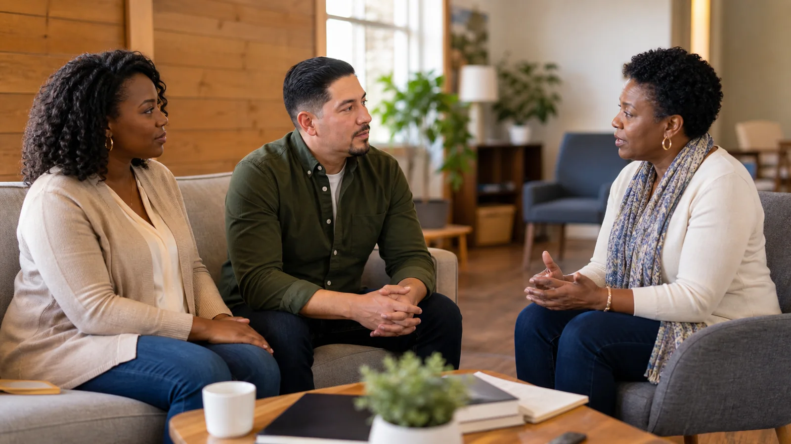 A Black woman and Hispanic man in a supportive mentoring conversation