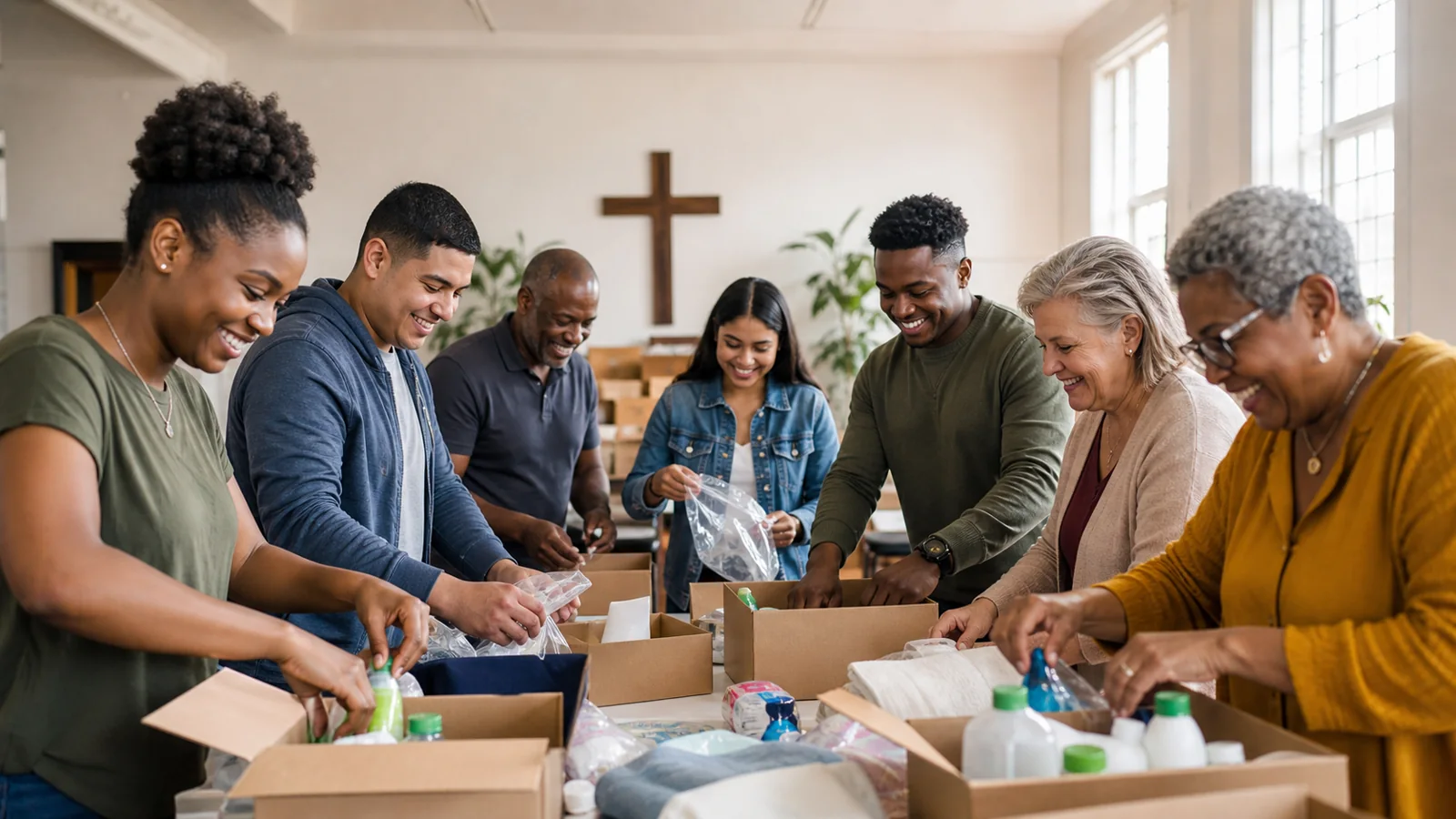 A diverse intergenerational group packing community care boxes in a church hall